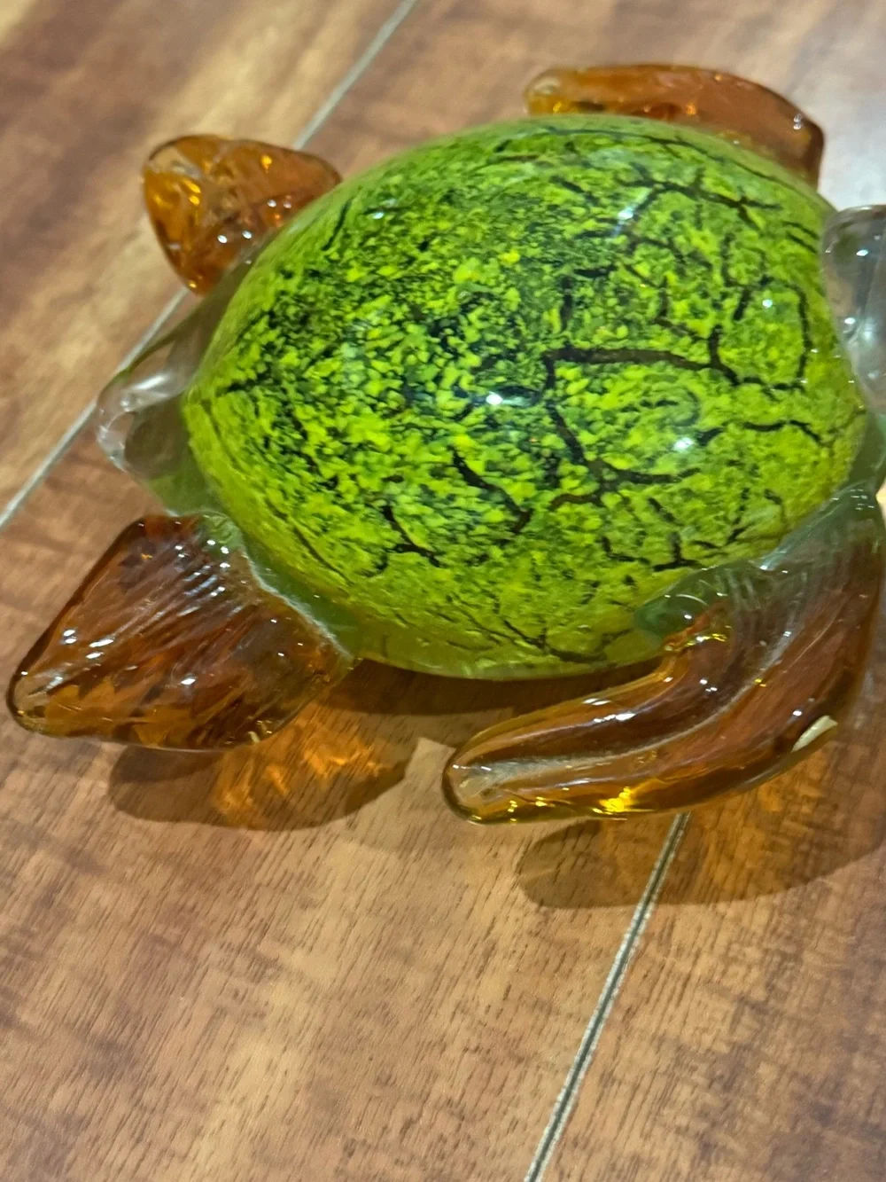 Glass Turtle Figurine - Green and Amber Decorative Accent
